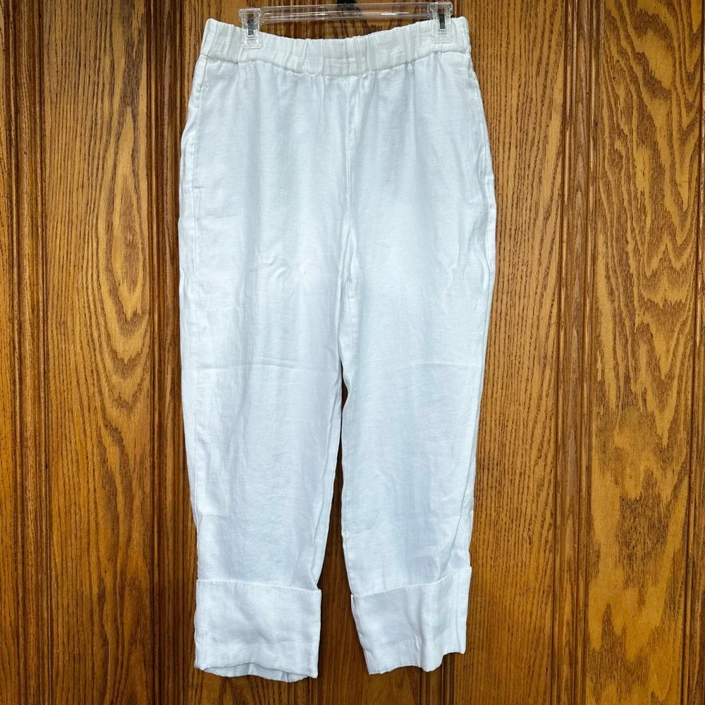 Zara White Linen Blend High Waisted Cuffed Crop Pants Large